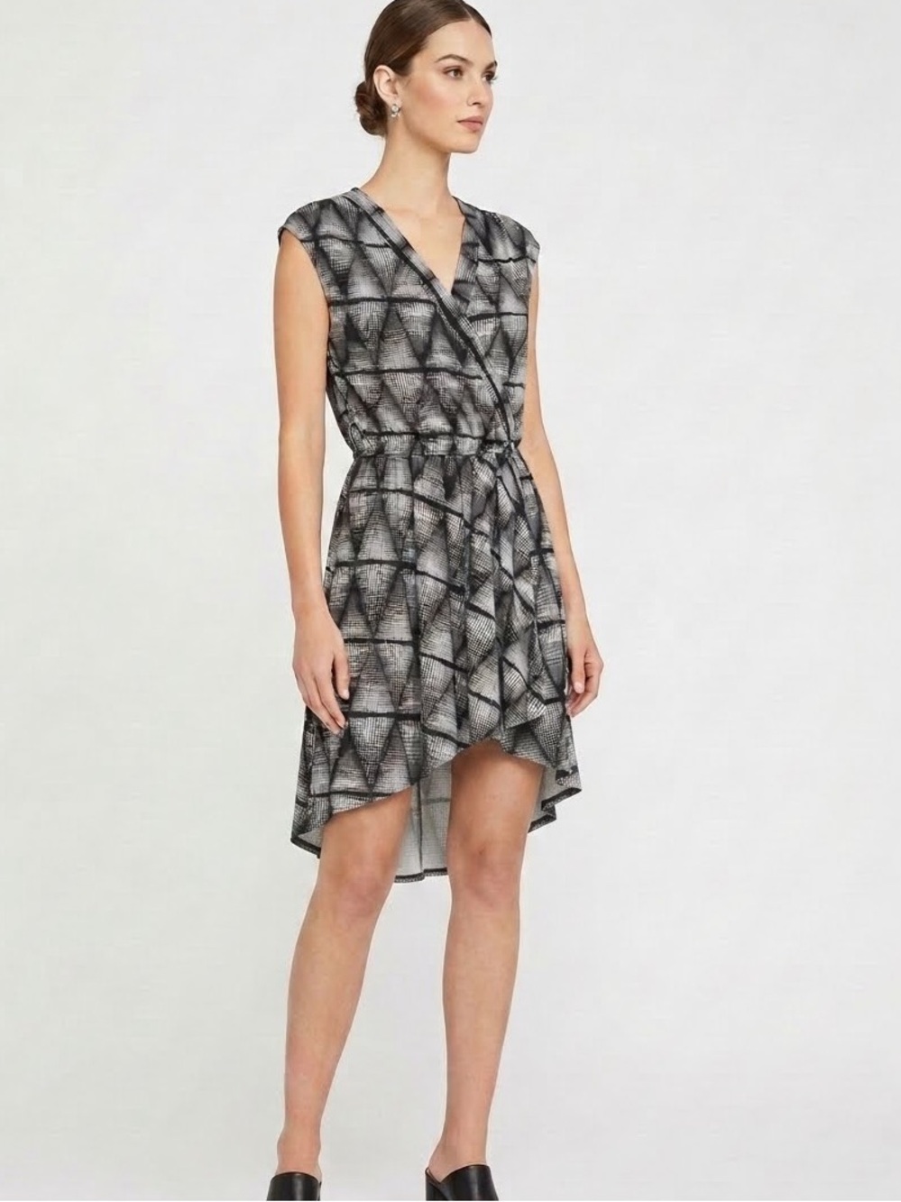 BCBGMaxAzria Black and Gray Geometric High-Low Wrap Dress